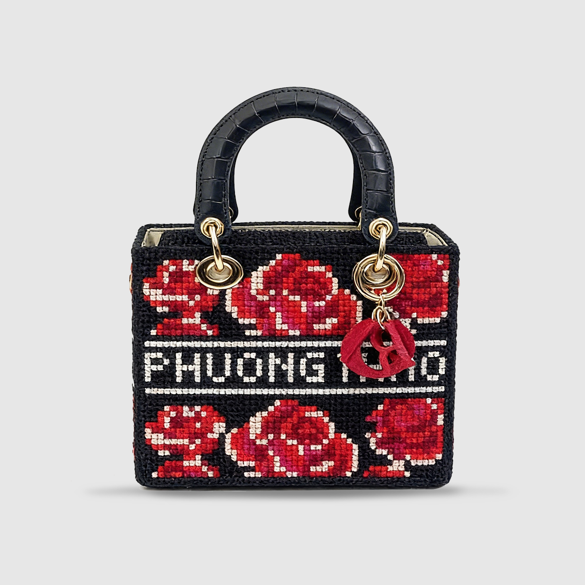 Túi Lady Handmade Phối Quai Da Họa Tiết Hoa