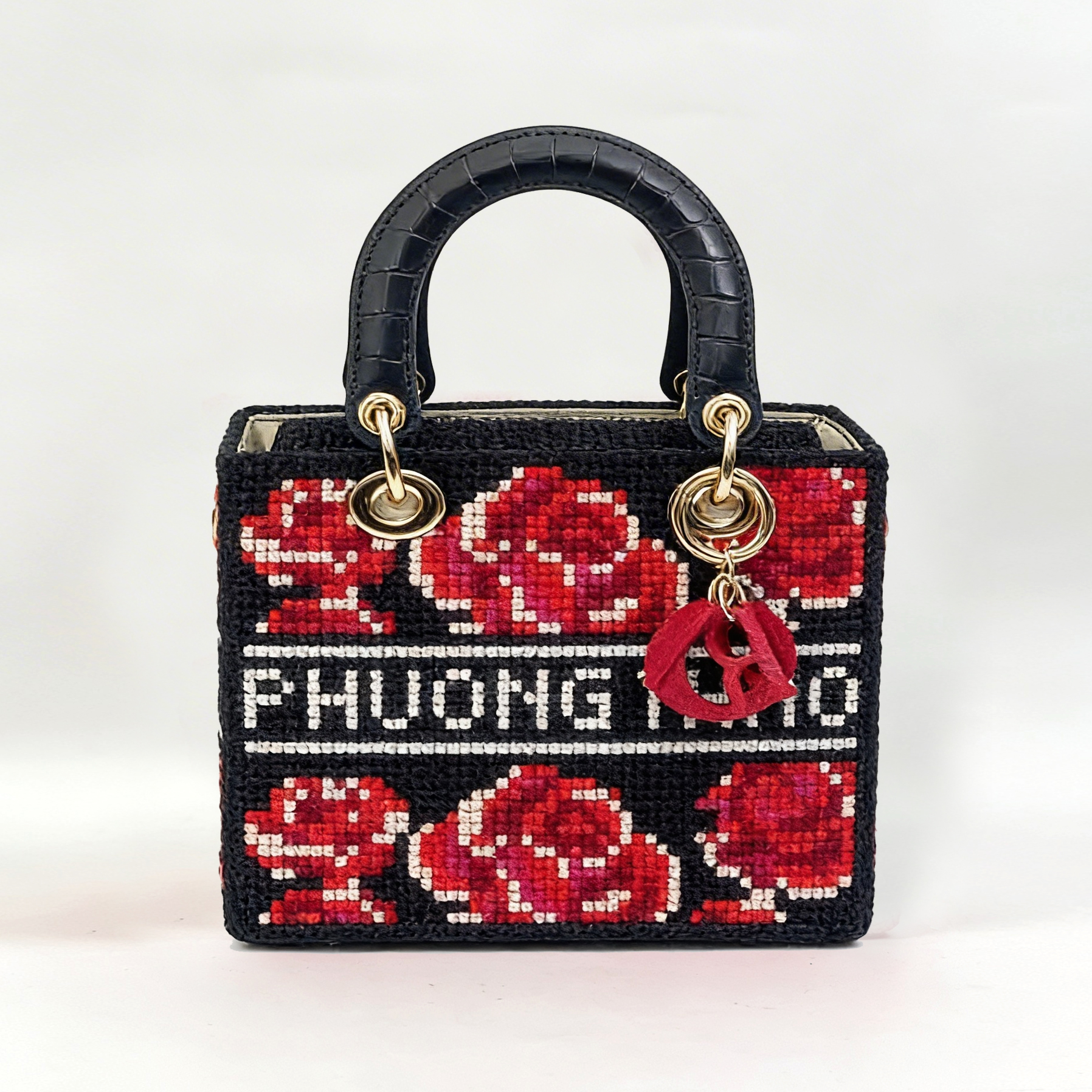 Túi Lady Handmade Phối Quai Da Họa Tiết Hoa
