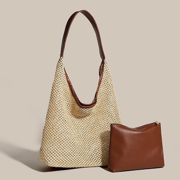 Túi Tote Handmade, Túi Cói Lưới Đi Biển Phối Quai Da Trẻ Trung - T06
