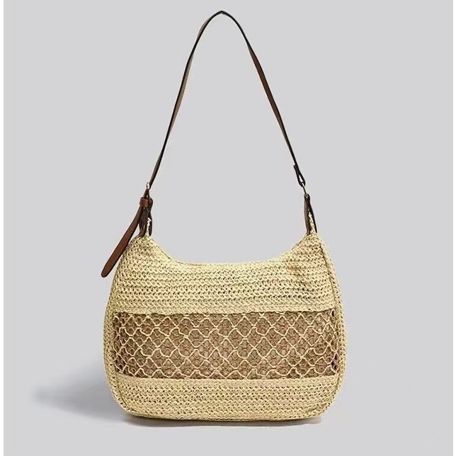 Túi Tote Handmade, Túi Cói Đi Biển Phối Quai Da Dáng Bầu - T03